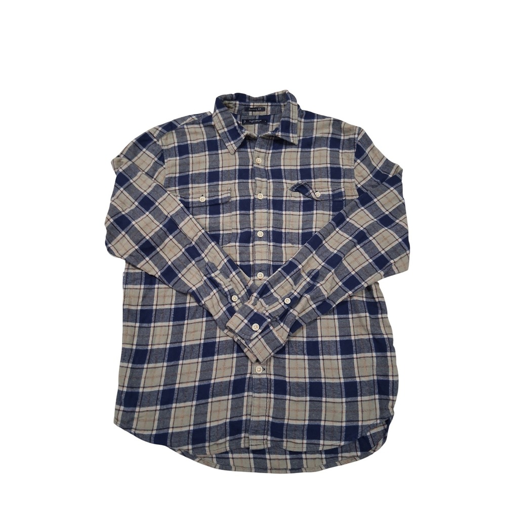 Lucky Brand Classic Fit Mens Large Blue Tan Plaid Flannel Button Down Shirt